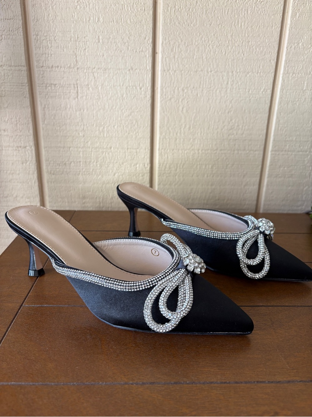Embellished Black Satin Pointed Toe Mule Heels